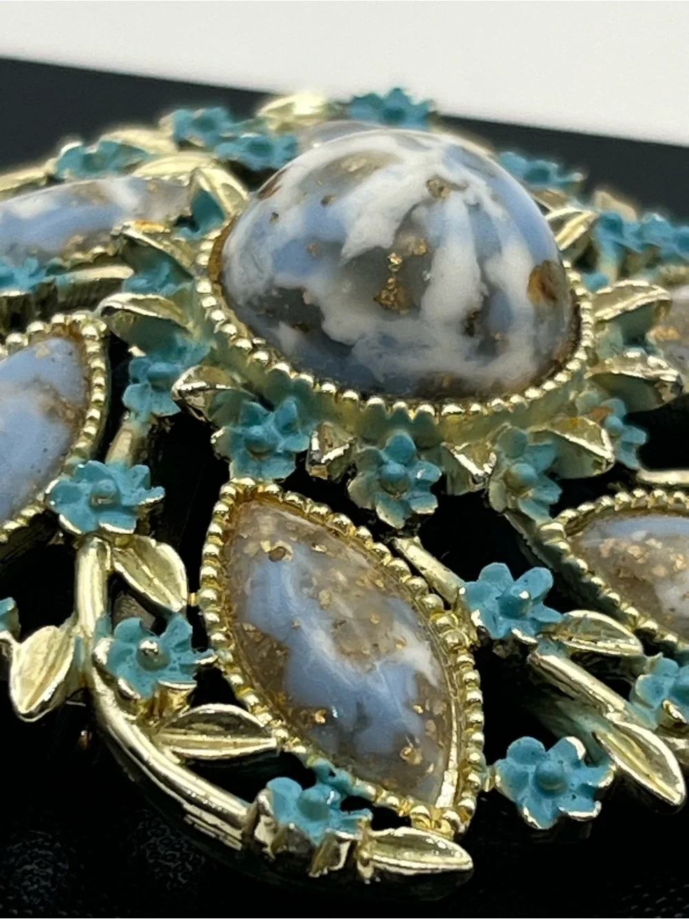 Blue faux stone cabochon painted enamel flower gold tone brooch pin vintage